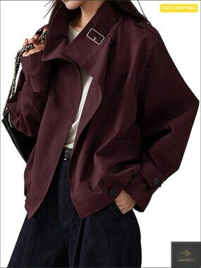 Vintage Trench Coat Turtleneck Crop Jacket Casual Chic Fall Outerwear Pockets